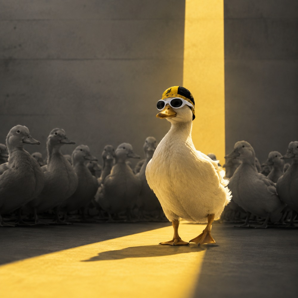 NasAlon stepping from a grey flock into a beam of yellow light