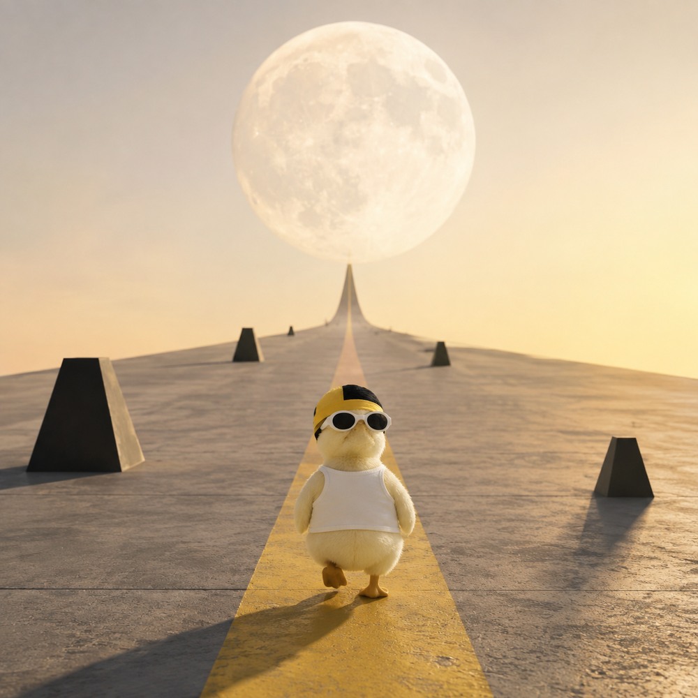 NasAlon walking along a yellow runway toward a pale moon